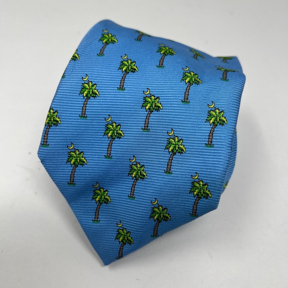 Southern Proper Palm Tree Moon‎ Blue Silk Necktie South Carolina Men's
